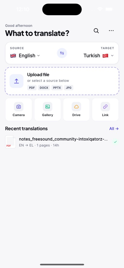 AI PDF Translator upload screen with source and target language selectors